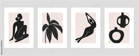 Set Of Abstract Cover Background Inspired By Matisse Plants Leaf Branch Nude Female Body