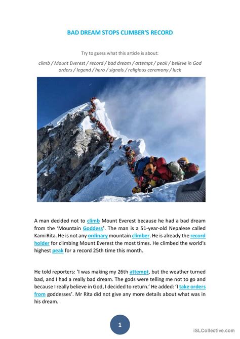 Bad Dream Stops Everest Climbers Re English Esl Worksheets Pdf And Doc