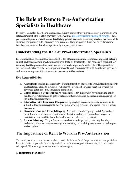 The Role of Remote Pre-Authorization Specialists in Healthcare | PDF