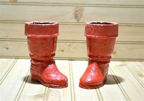 Vintage Paper Mache Red Santa Boots Collectible Mid Century Composition Holiday Christmas Decor