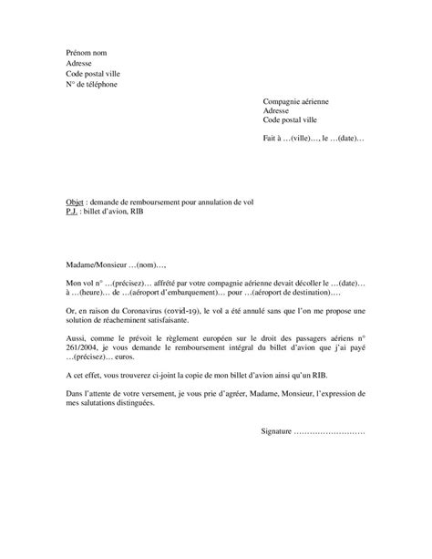 Lettre de demande de remboursement pour vol annulé