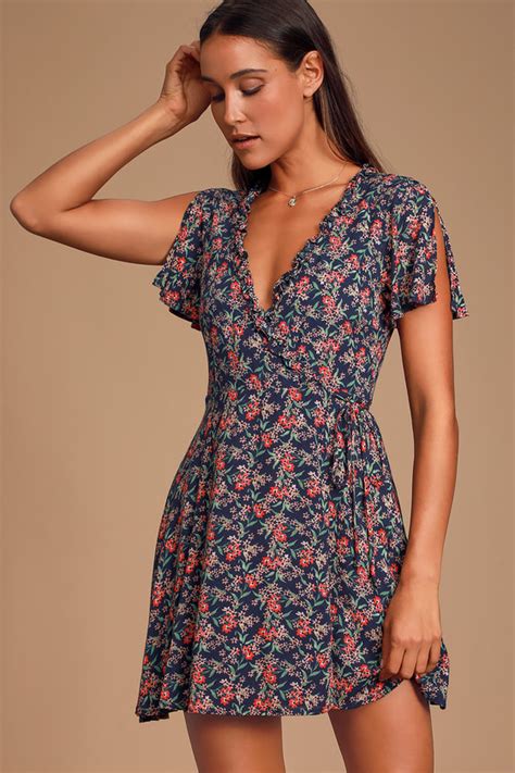 Cute Navy Blue Dress Floral Print Mini Dress Blue Wrap Dress Lulus