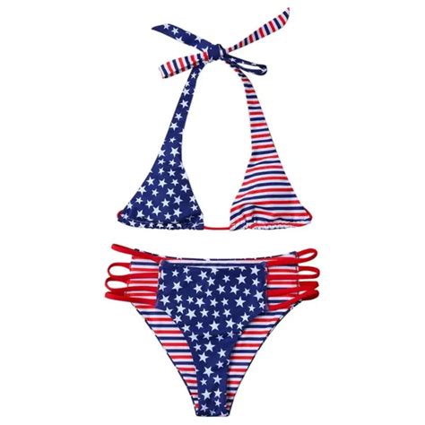 Klv Women American Print Flag Bikini Swimsuit Bikini Beachwear Swimwear