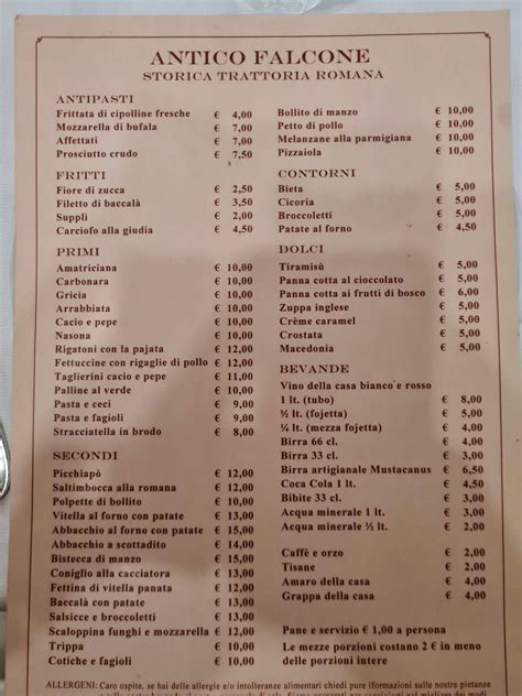 Menu Da Trattoria Antico Falcone Ristorante Roma Via Trionfale