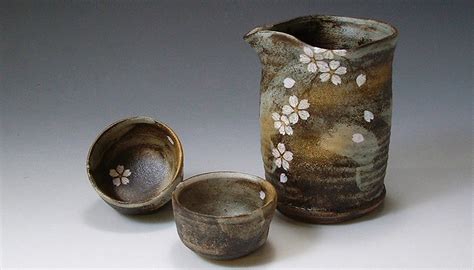 Kyo Yaki Japanese Sake Guinomi Cup And Tokkuri Bottle Flowers Paper