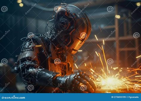 Robot Welding With A Lot Of Sparks And Smoke Futuristic Image From The