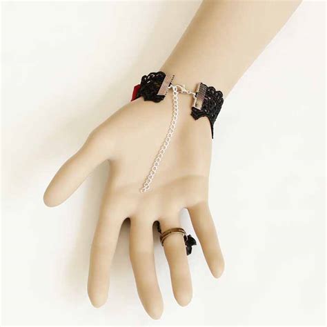 Gothic Black Lace Wristband Red Rose Embellished Bracelet With Ring J18100