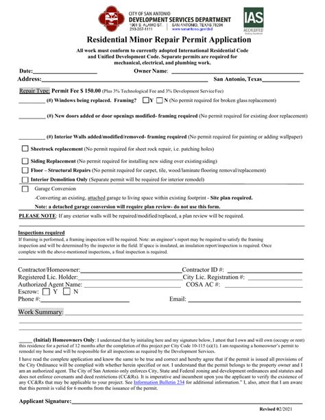 City Of San Antonio Texas Residential Minor Repair Permit Application