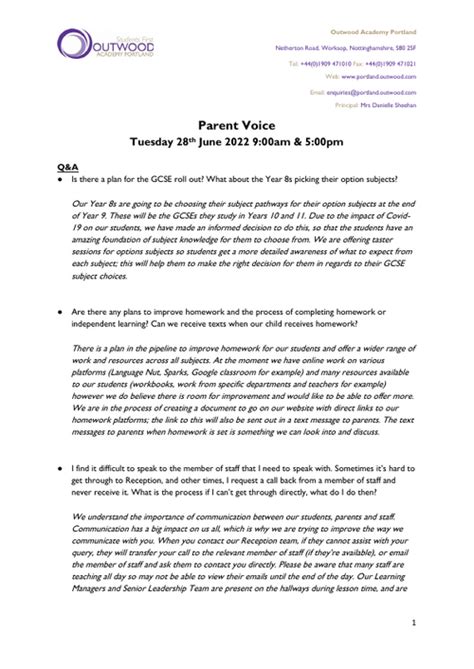 Minutes From Parents Voice Meeting Outwood Academy Portland