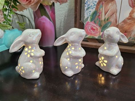 Easter White Bunny Rabbits Figurines LIGHT UP Ceramic Tabletop Decor