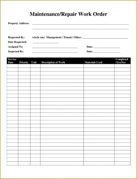 Maintenance Work Order Template Printable