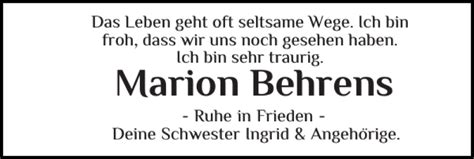 Traueranzeigen Von Marion Behrens Sh Z Trauer