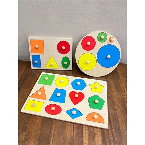 Wooden Shape Recognition With Knob Montessori Multiple Shape Puzzles