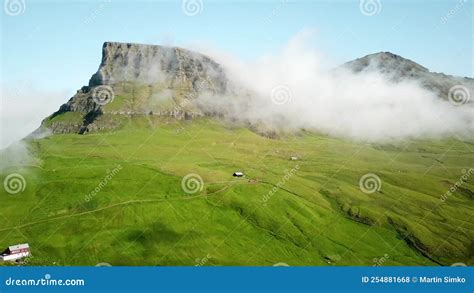 Aerial View Of A Foggy Arnafjall Highest Mountain In Vagar Faroe