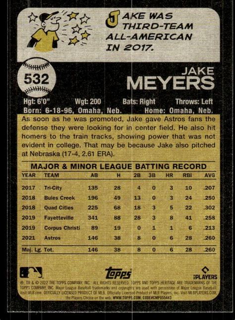 2022 Topps Heritage High Number Jake Meyers Rookie Houston Astros 532