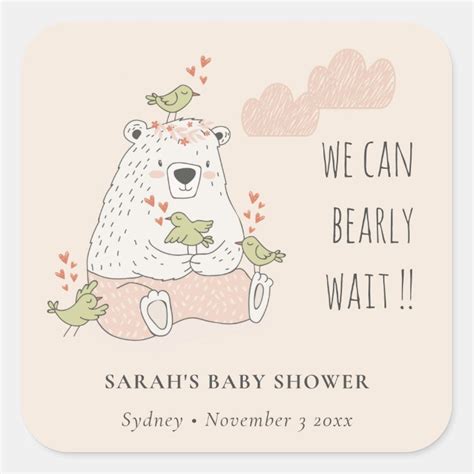 Blush We Can Bearly Wait Bear Birds Baby Shower Square Sticker Zazzle