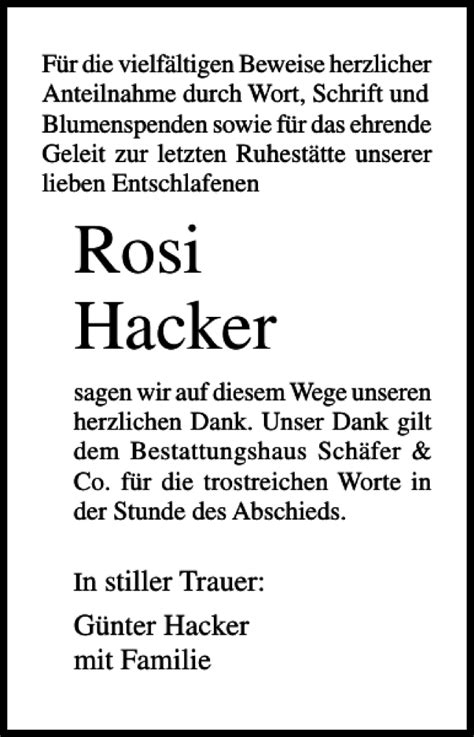 Traueranzeigen Von Rosi Hacker Trauer Anzeigen De