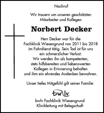 Traueranzeigen Von Norbert Decker Schwarzw Lder Bote Trauer