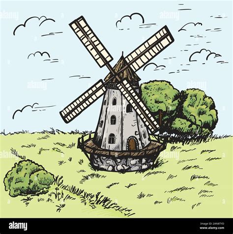 Windmill Hand Drawn Sketch Of Mill Engraving Vintage Style Vector