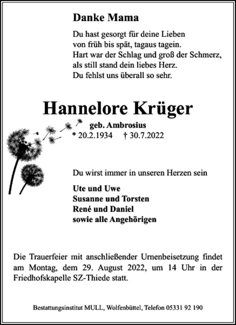 Traueranzeigen von Hannelore Krüger trauer38 de