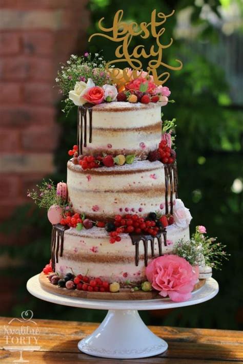 Two Tier Simple Naked Wedding Cake With Fresh Blackberries And Blush