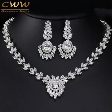 Cwwzircons Flower Drop Big Cz Jewelry Set High Quality Zirconia Stone