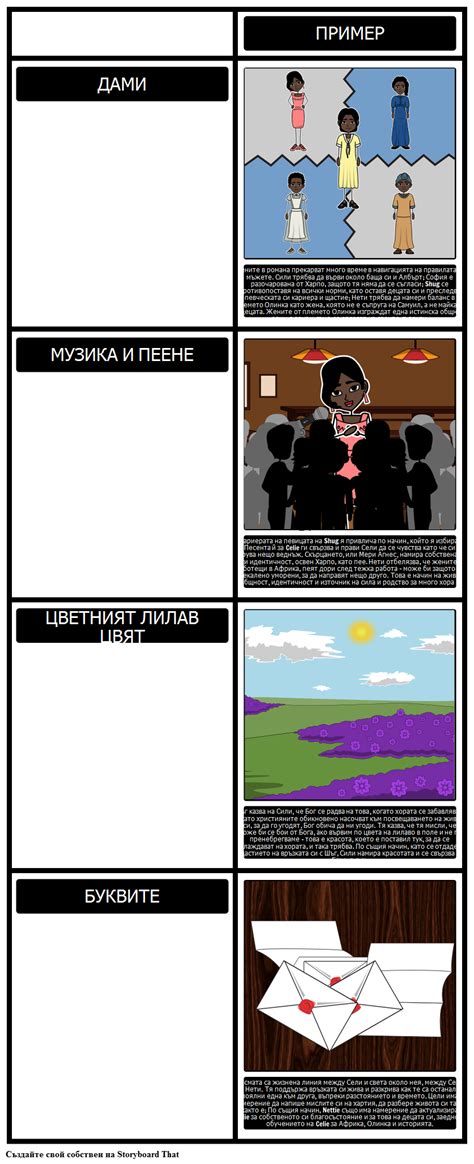 Теми, Символи и Мотиви в "Цветно Лилаво" Storyboard