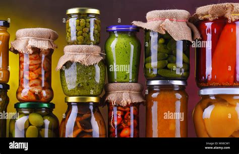 Jars With Variety Of Pickled Vegetables And Fruits Preserved Food