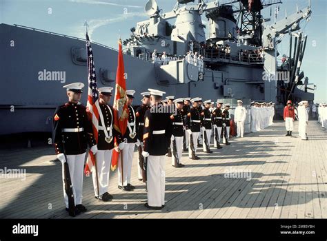 A U S Marine Corps Honor Guard Stands In Formation Aboard The