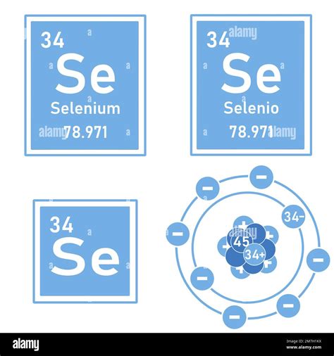 Blue Icon Of The Element Selenium Of The Periodic Table With Representation Of Its Atom Stock