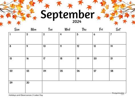 September Calendars Free Printable Fillable In