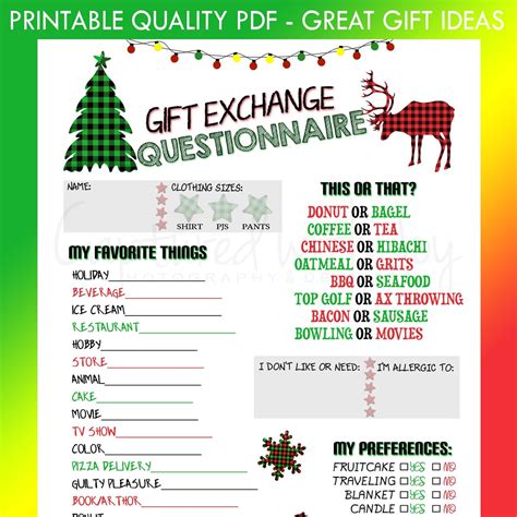 Fillable Printable Pdf Gift Exchange Questionnaire Plaid Design Work Or