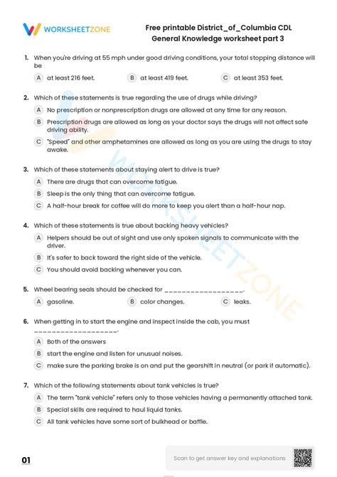 Free Printable District Of Columbia Cdl General Knowledge Worksheet Part 3