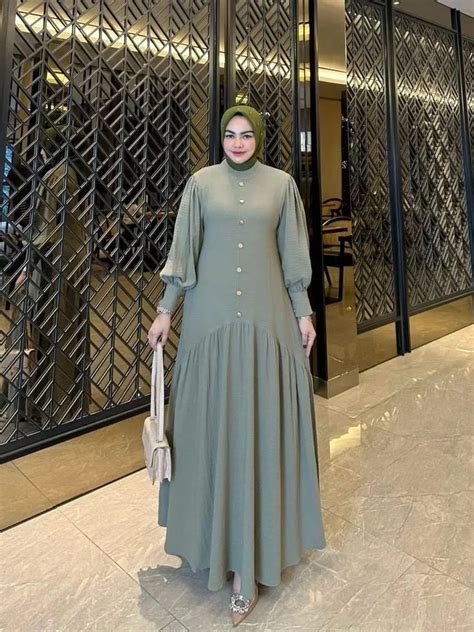 Jual Dress Polos Panjang Bahan Crinkle Air Flow Dress Lengan Balon