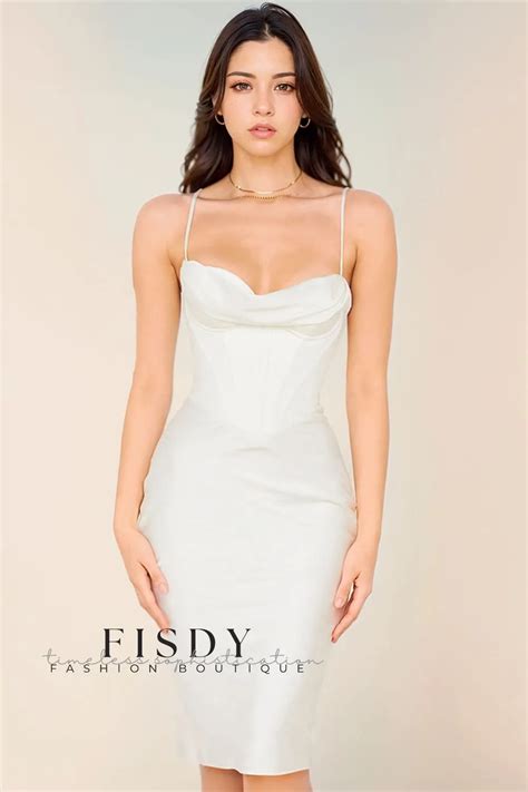 Fisdy Satin Midi Cocktail Dress With Cowl Neck Corset Detail Fisdy