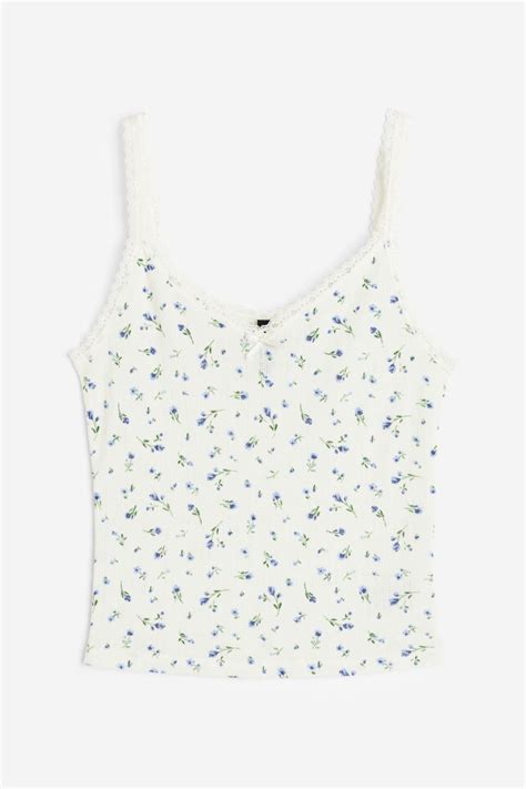 Lace Trimmed Ribbed Tank Top V Neck Sleeveless Cream Floral