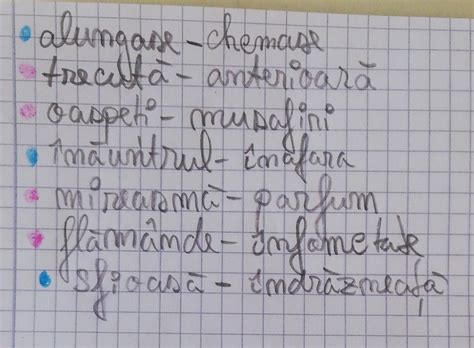 5 Scrie cuvinte cu sens asemănător celor scrise in text cu roz şi cu