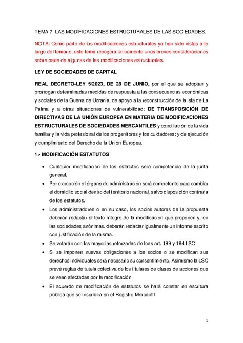 TEMA 7 Las Modificaciones Estructurales De Las Sociedades TEMA 7 LAS