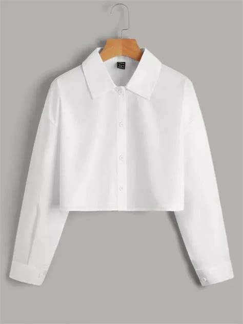 Shein Ez Wear Camisa Unicolor Con Botón Delantero Corto Crop Shirt Cropped White Shirt Shirts