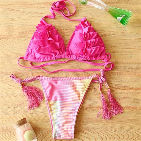 Floral Layers Brazilian Bikini Sexy Thong Halter Swimwear Summer Print