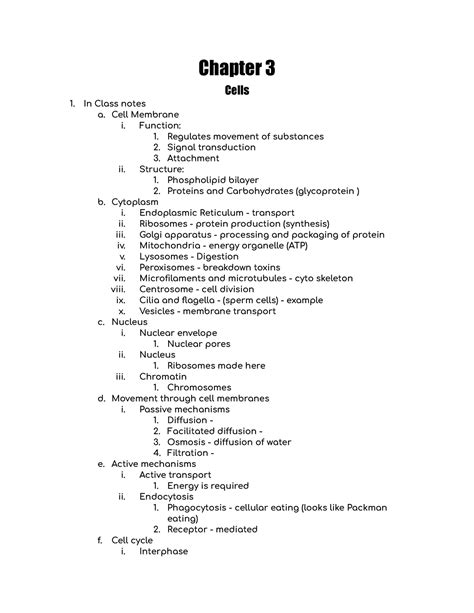 Anatomy And Physiology Chapter 3 Chapter 3 Cells In Class Notes A