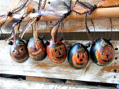 5 Primitive Halloween Jack O Lantern Egg Gourd Ornaments Etsy