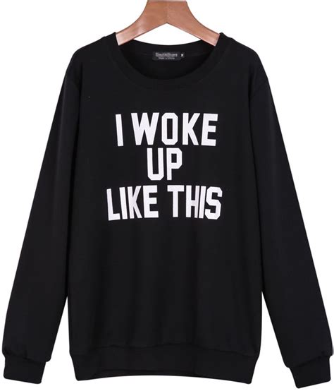 Romwe Letters Print Loose Black Sweatshirt Sweatshirts Long Sleeve