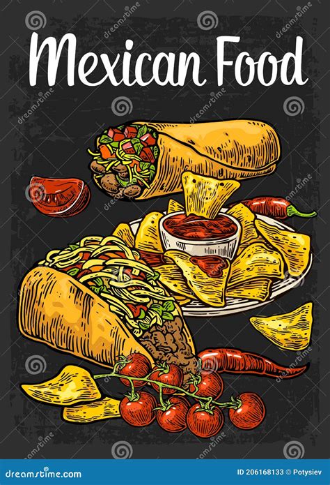 Poster Mexican Traditional Food Burrito Tacos Chili Tomato Nachos