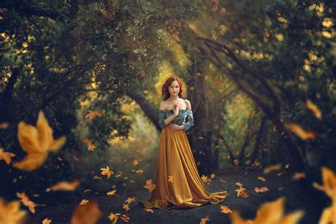 Leaves Women Model Fantasy Girl Trees Dress Bare Shoulders Wallpaper