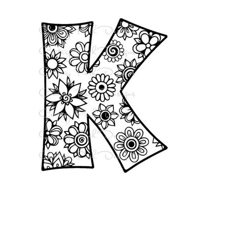 The Letter K Is Decorated With Flowers And Leaves In Black Ink On A