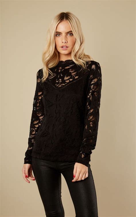 Black Lace Long Sleeve Top By Vila Long Sleeve Top Outfit Black Lace Top Outfit Black Lace