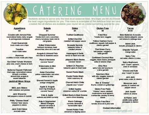 Catering Menu Seabirds Truck Catering Menu Design Catering