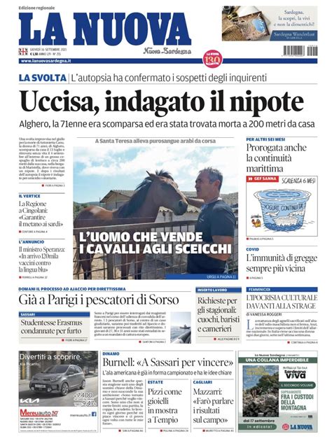 La Nuova Sardegna Prima Pagina 16 Settembre 2021 La Nuova Sardegna