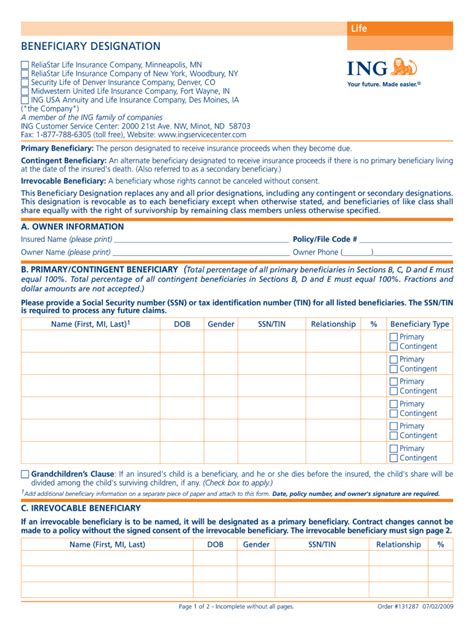 Ing Beneficiary Designation Fill And Sign Printable